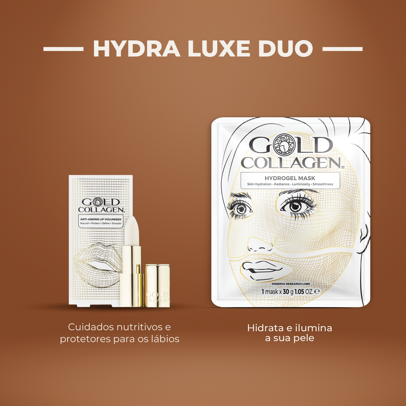 Gold Collagen skincare products on a brown background