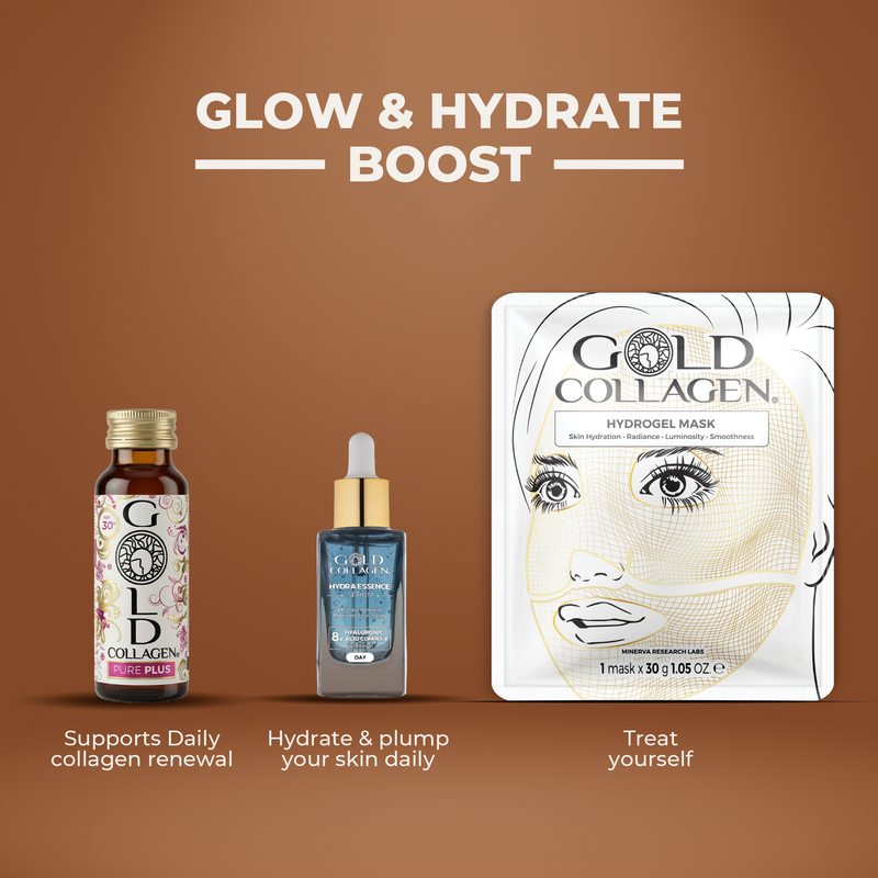Gold Collagen skincare products including serum, dropper, and mask on a brown background
