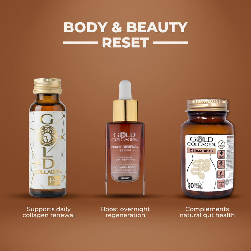 Three Gold Collagen products on a brown background with text indicating their benefits.