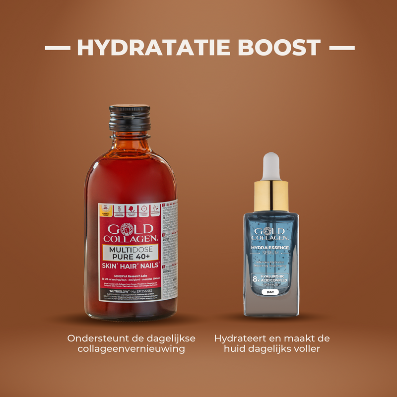 Two Gold Collagen products on a brown background with text about hydration boost.