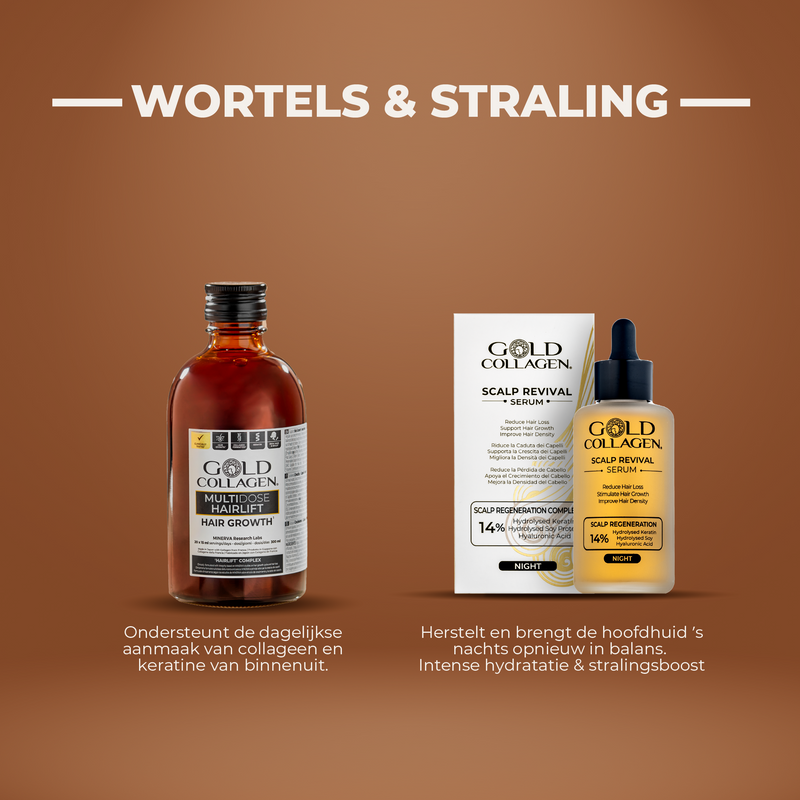 Gold Collagen hair care products on a brown background with text.