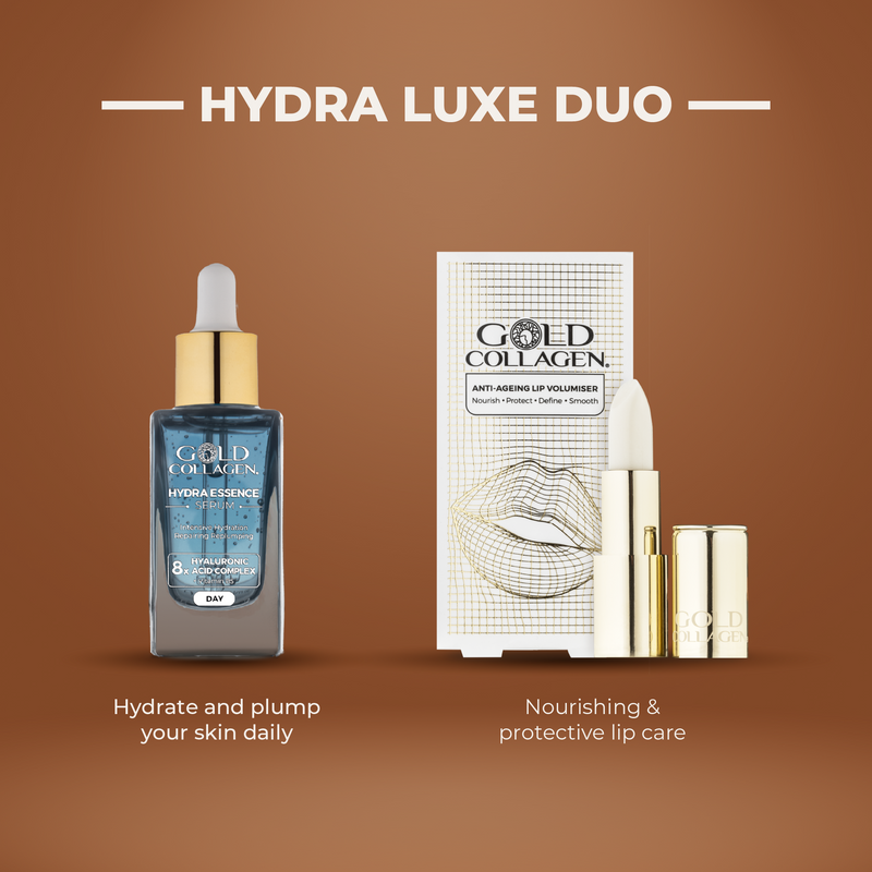 Gold Collagen Hydra Luxe Duo products on a brown background