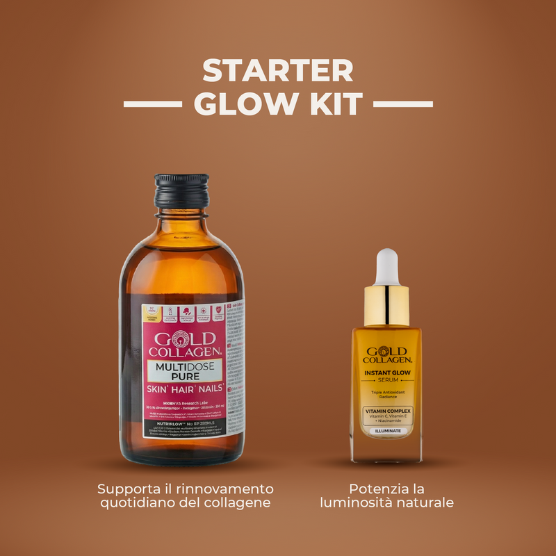 Two bottles of Gold Collagen products on a brown background with text indicating 'Starter Glow Kit'.