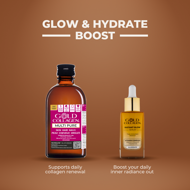Two bottles of Gold Collagen products on a brown background with text 'Glow & Hydrate Boost'.