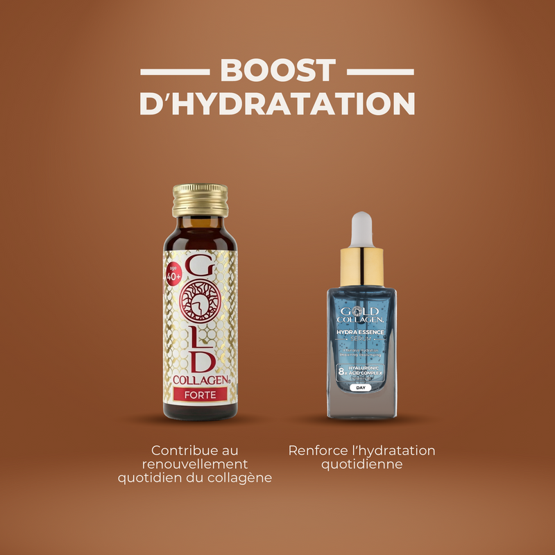Two bottles of Gold Collagen Forte on a brown background with text about hydration.