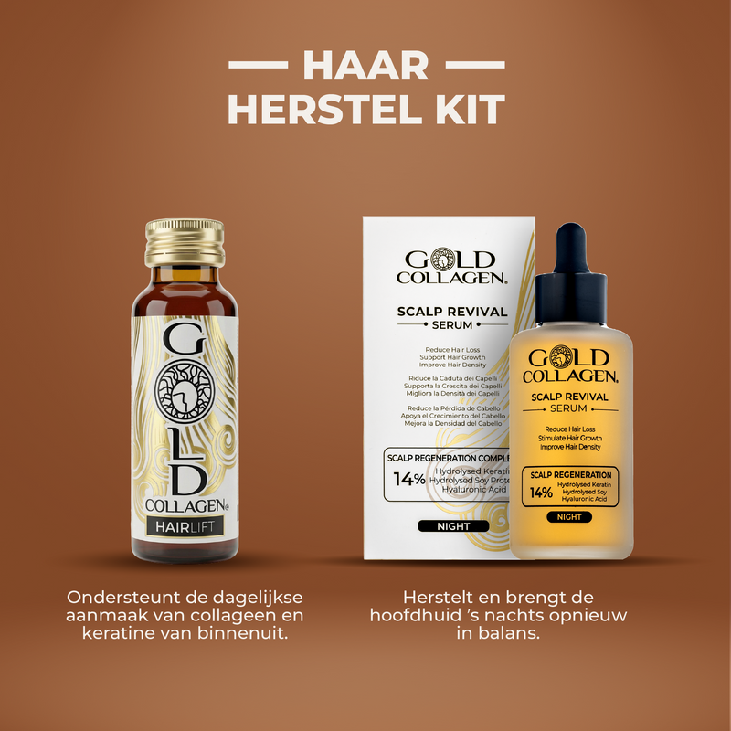 Gold Collagen scalp revival serum packaging on a brown background