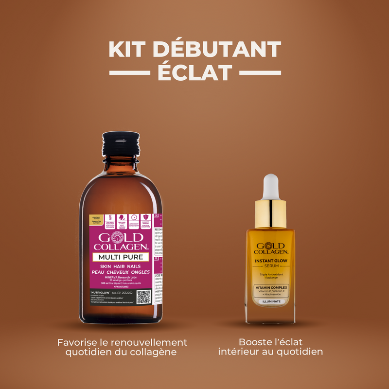 Gold Collagen skincare product set on a brown background with text in French.