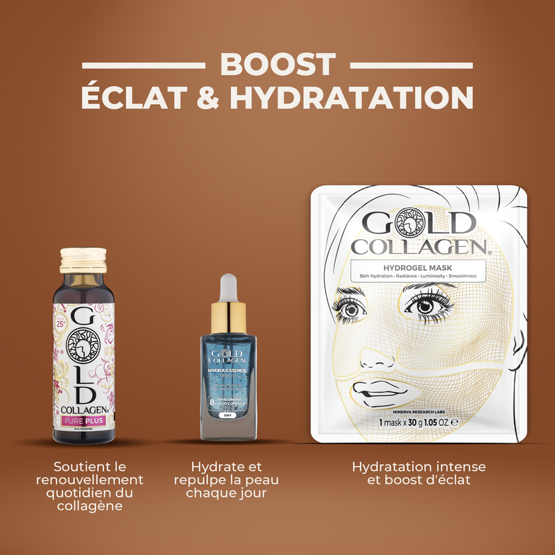 Gold Collagen skincare products on a brown background with text highlighting hydration and radiance.