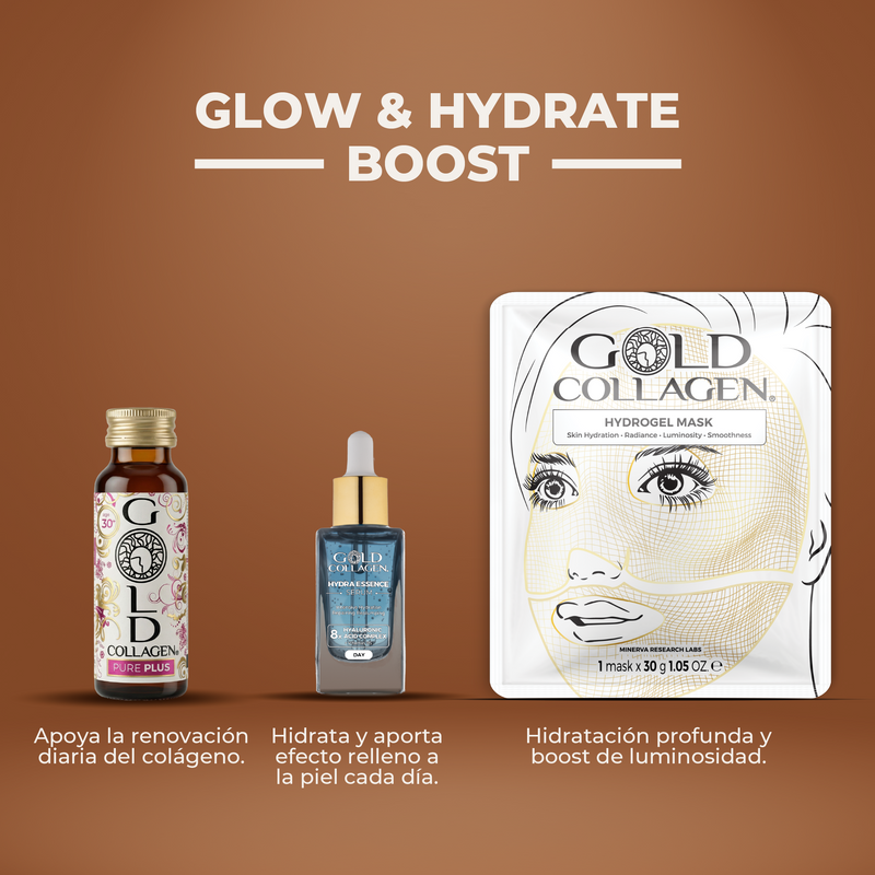 Gold Collagen skincare products on a brown background with text highlighting 'Glow & Hydrate Boost'.