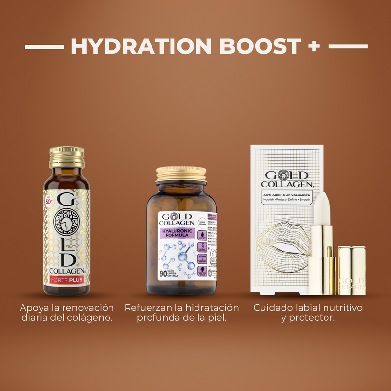 Gold Collagen products on a brown background with text about hydration boost.