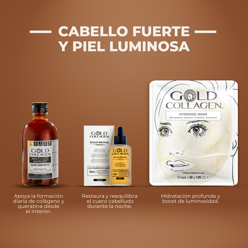 Gold Collagen skincare and hair care products on a brown background with text in Spanish.