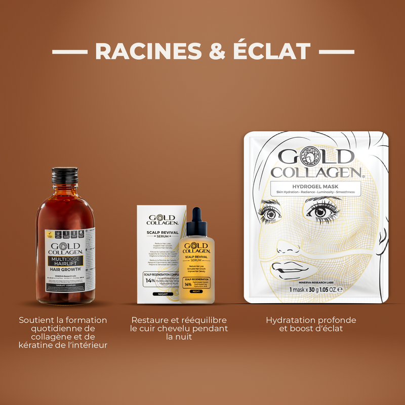 Gold Collagen skincare products on a brown background with text in French.