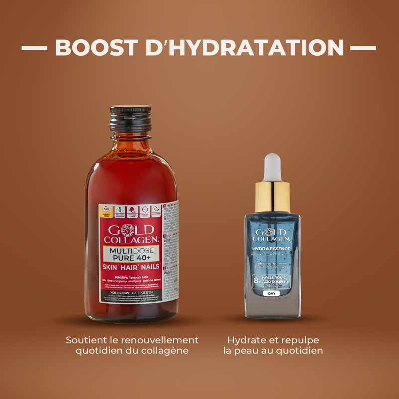 Two Gold Collagen products on a brown background with text about hydration.