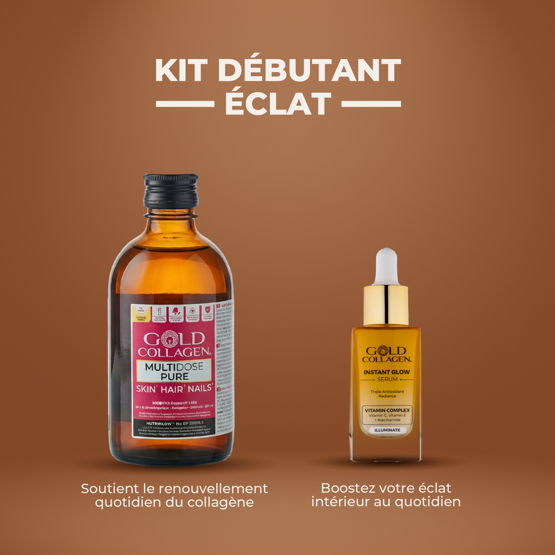 Two bottles of Gold Collagen products on a brown background with text above.