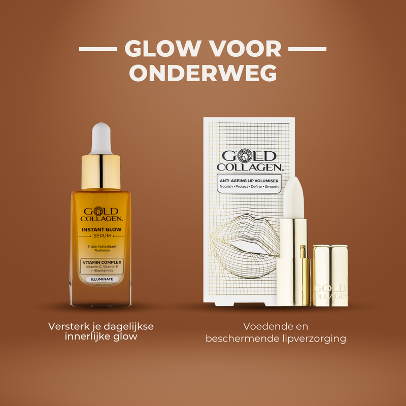 Gold Collagen skincare products on a brown background