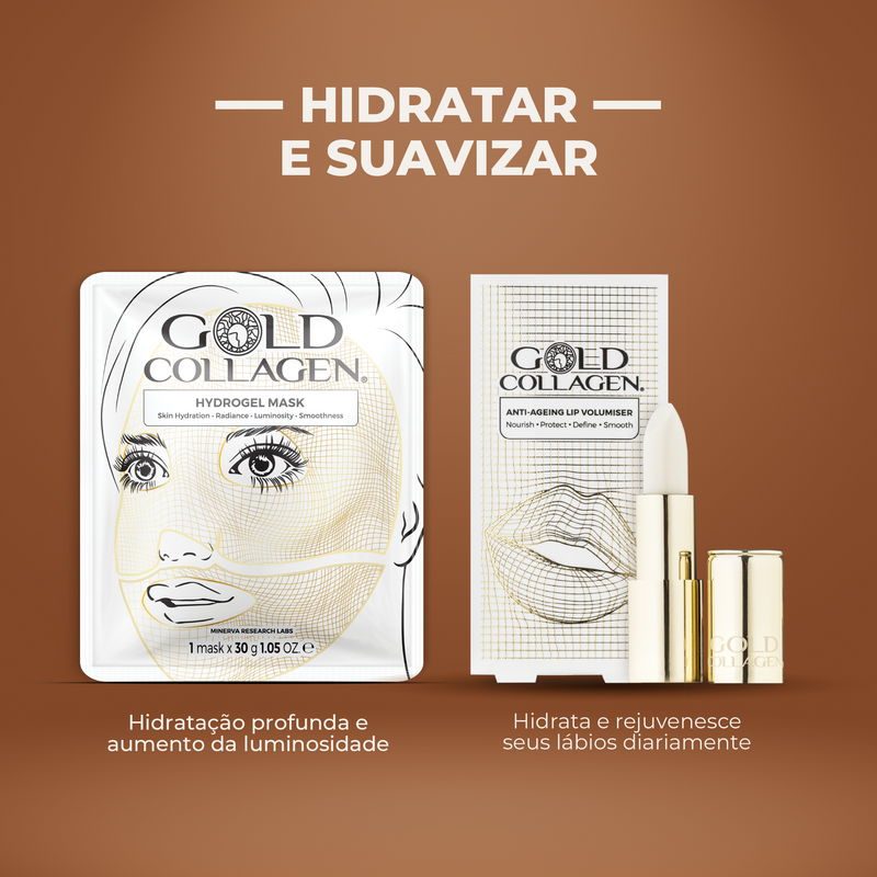 Gold Collagen skincare products on a brown background