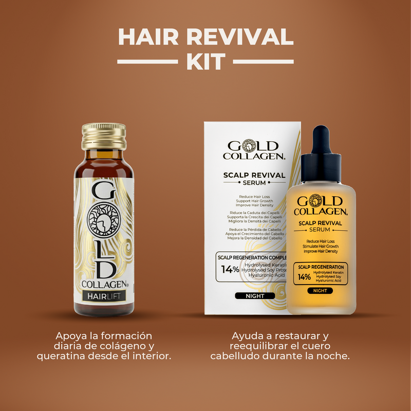 Gold Collagen hair revival kit on a brown background