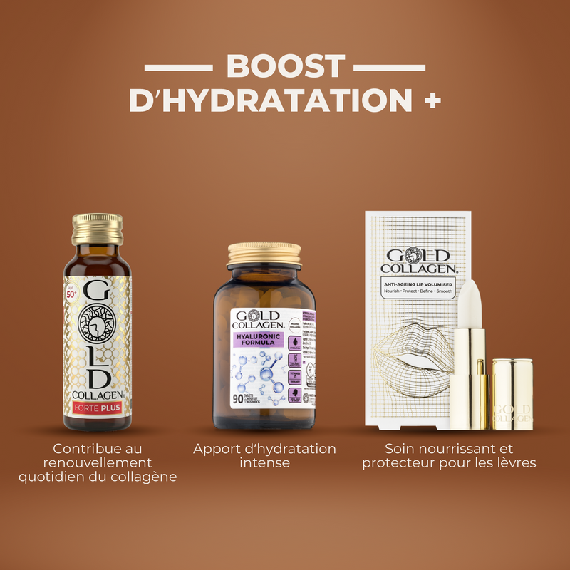 Collagen products including a bottle, capsules, and lip balm on a brown background with 'Boost d'Hydratation' text.