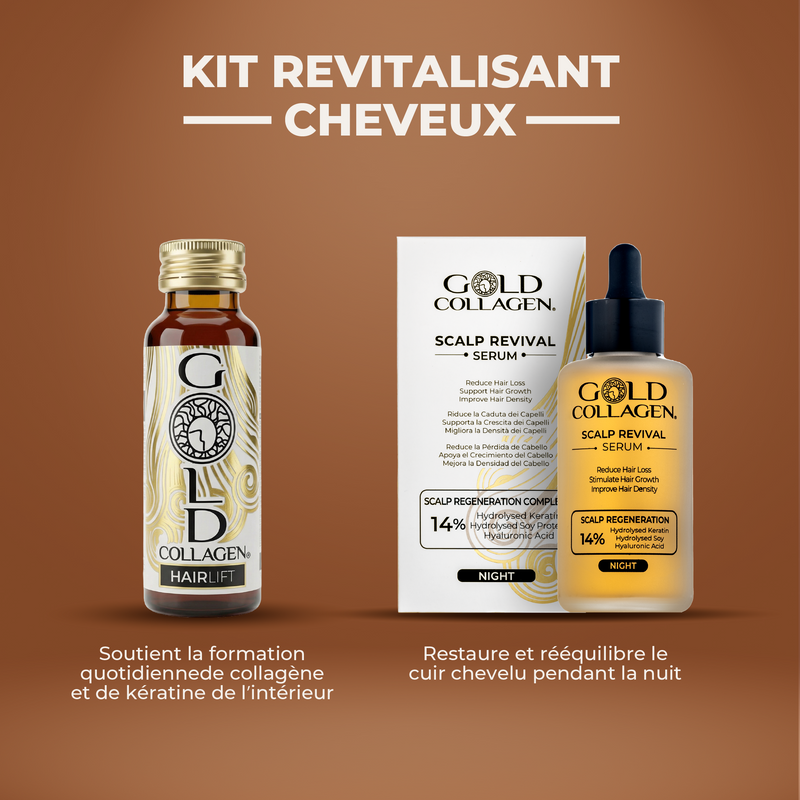 Gold Collagen scalp revival serum packaging on a brown background