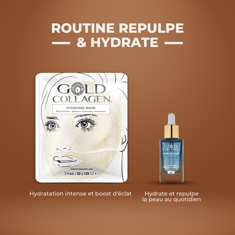 Gold Collagen hydrogel mask and serum bottle on a brown background