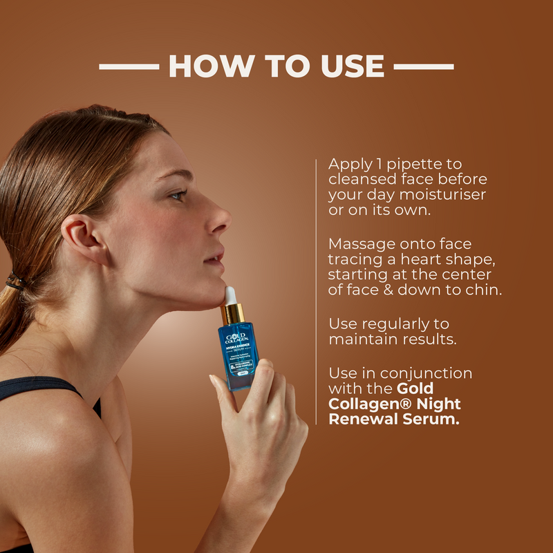 Woman applying serum with text on how to use it against a brown background