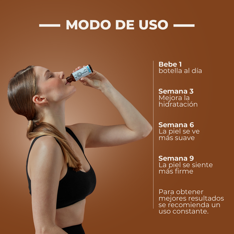 Woman drinking from a bottle with usage instructions on a brown background