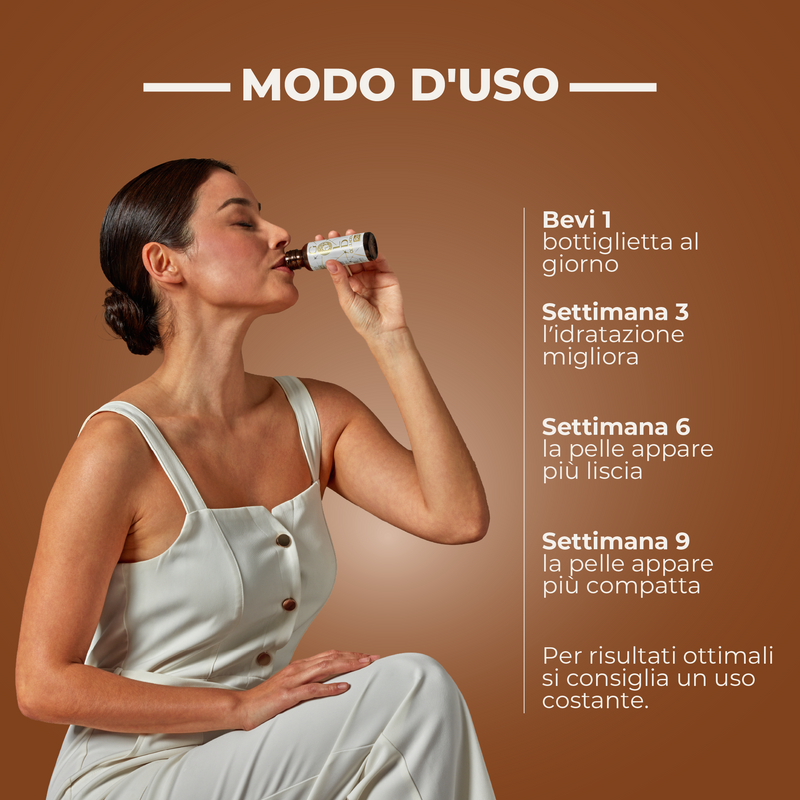 Woman drinking from a bottle with usage instructions on a brown background