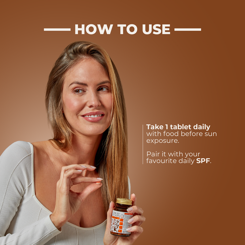 Woman holding a supplement bottle with text on how to use it against a brown background