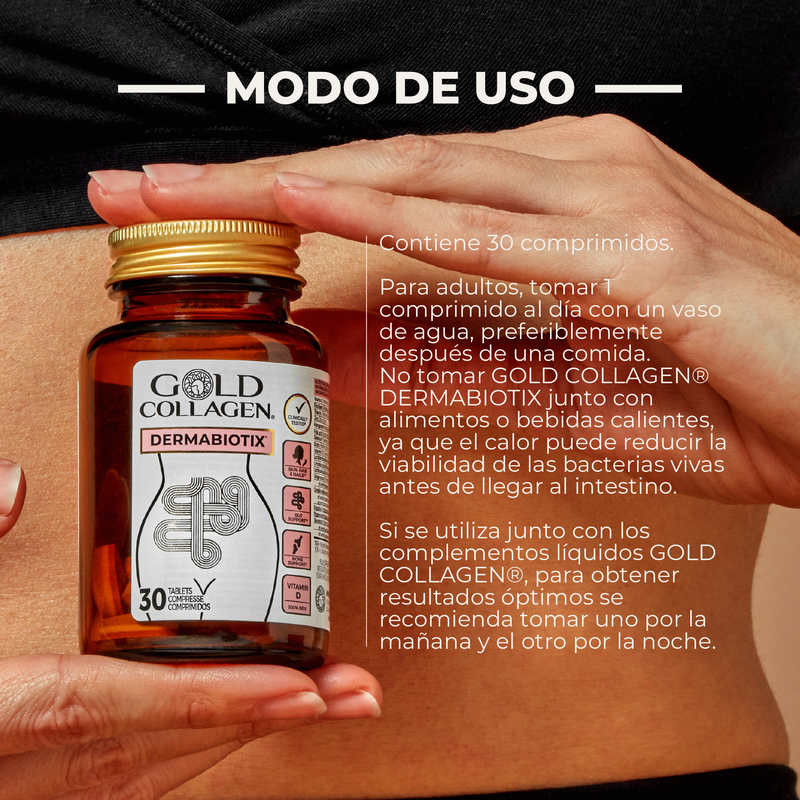 Bottle of Gold Collagen Dermabiotix supplements held by a person with usage instructions displayed.