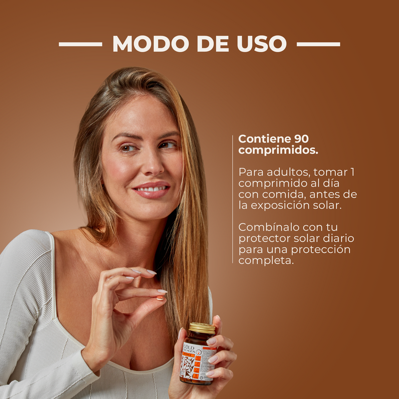 Woman holding a supplement bottle with text about usage on a brown background