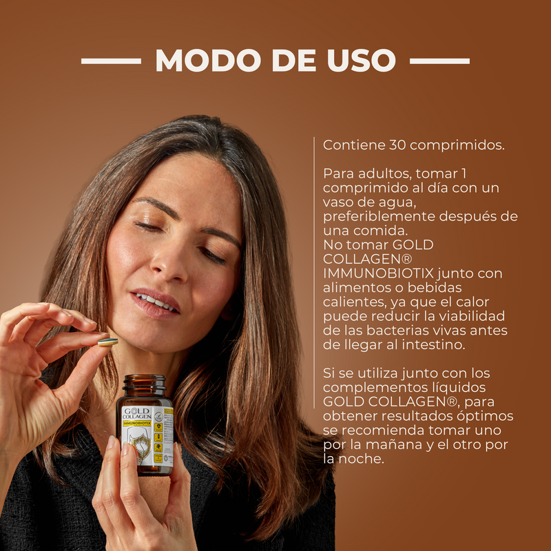 Woman holding a supplement bottle with text on usage instructions against a brown background