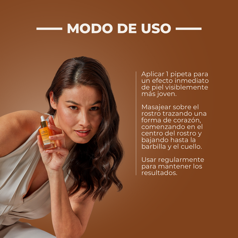 Woman holding a skincare product with usage instructions on a brown background