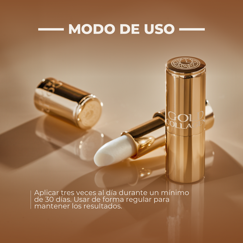 Gold lipstick with 'Gold Collage' branding on a reflective surface.