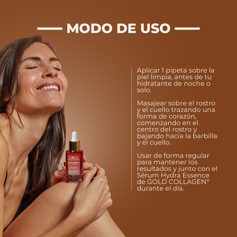 Woman holding a skincare serum bottle with usage instructions on a brown background