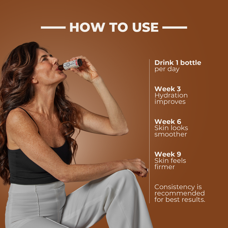 Woman drinking from a bottle with text on how to use it, set against a brown background.