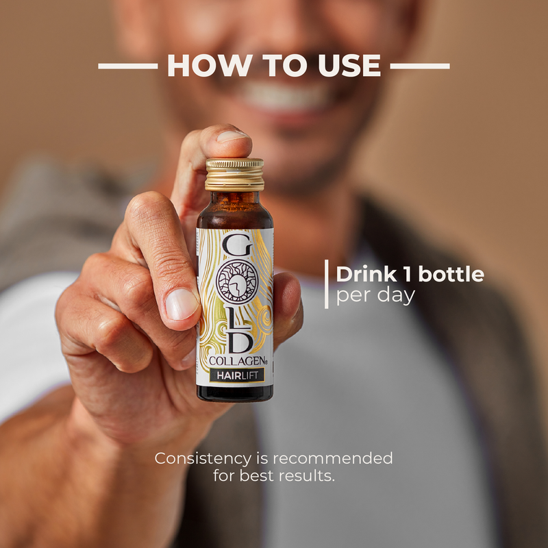 Hand holding a bottle labeled 'Gold Collagen Hair Lift' with text on how to use it.