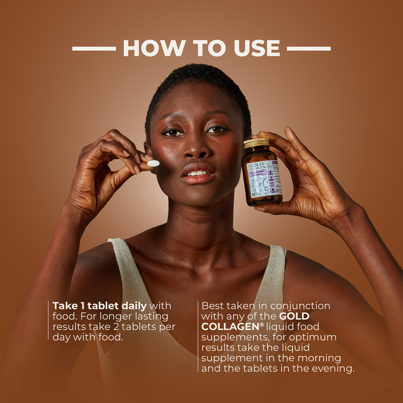 Woman holding a supplement bottle and tablet with text on how to use it against a brown background