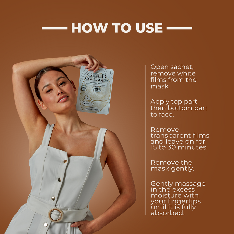 Woman holding a Gold Collagen mask with usage instructions on a brown background