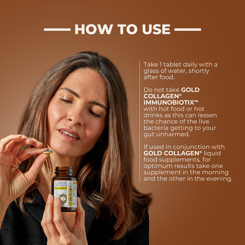 Woman holding a supplement bottle with text on how to use Gold Collagen Immunobiotix.