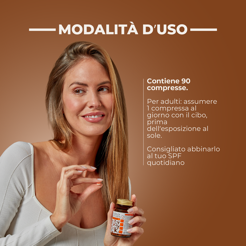 Woman holding a supplement bottle with text about usage on a brown background