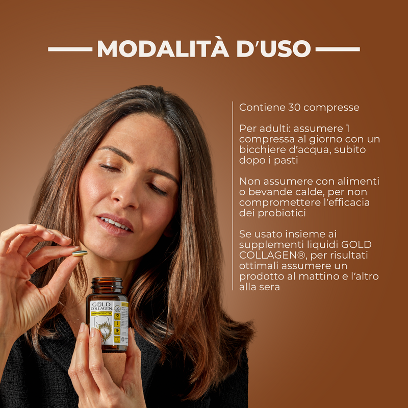 Woman holding a bottle of Gold Collagen supplement with usage instructions on a brown background