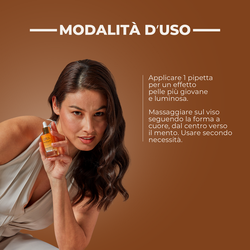 Woman holding a skincare bottle with usage instructions on a brown background