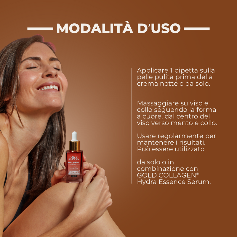 Woman holding a skincare serum with usage instructions on a brown background