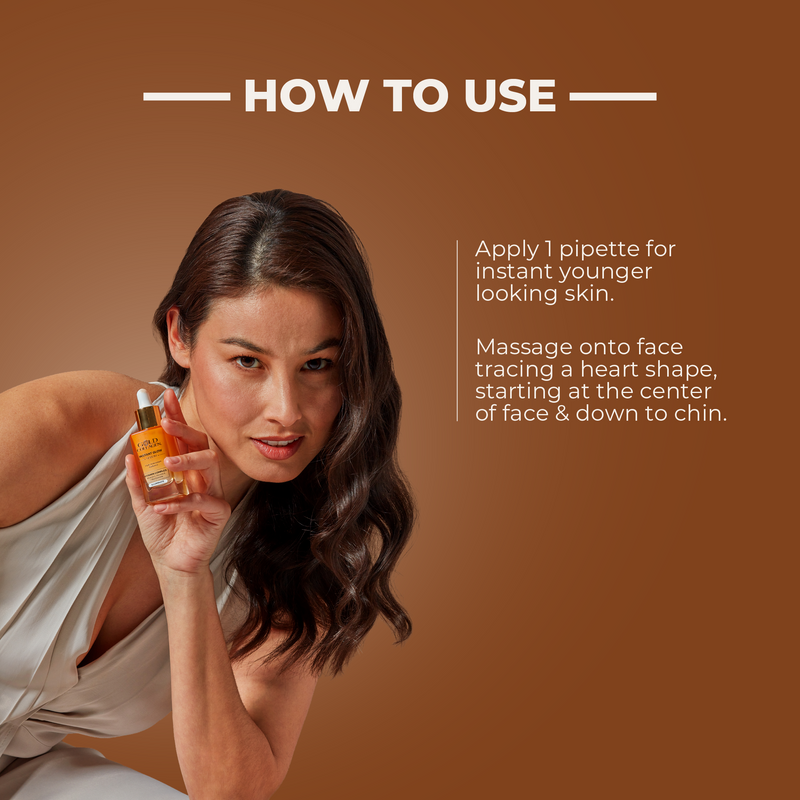 Woman holding a skincare product with text on how to use it against a brown background