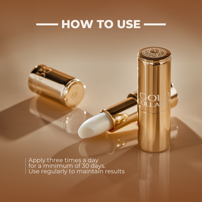 Gold and white cosmetic product with 'Gold Collagen' branding on a brown background.