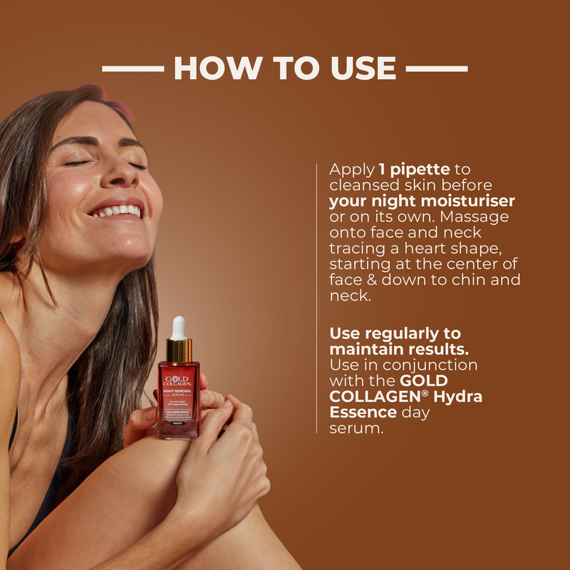 Woman holding a bottle of serum with text on how to use it against a brown background