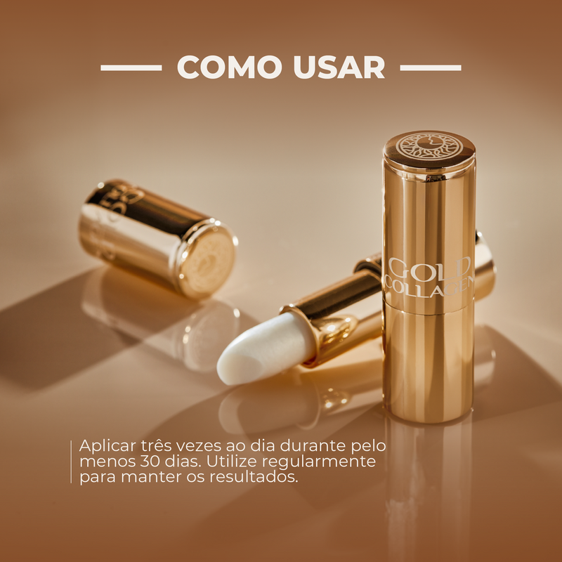 Gold collagen lipstick on a reflective surface with text in Portuguese.