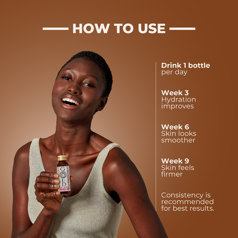 Woman holding a bottle with text on how to use it against a brown background