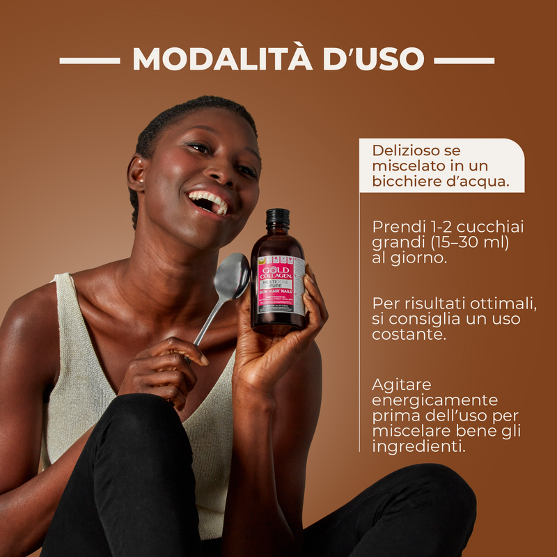Person holding a bottle and spoon with text on a brown background