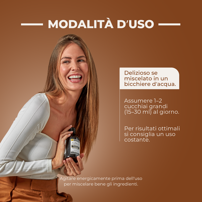 Woman holding a bottle with text on a brown background